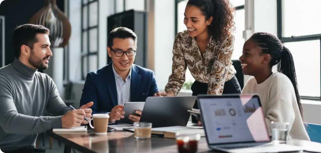 Équipe d'experts NECC en réunion stratégique pour accompagner les dirigeants d'entreprise