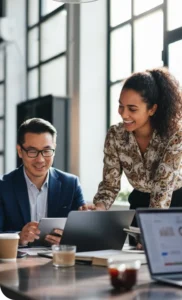 Accompagnement RH par NECC : deux collaborateurs analysant des données de gestion du personnel